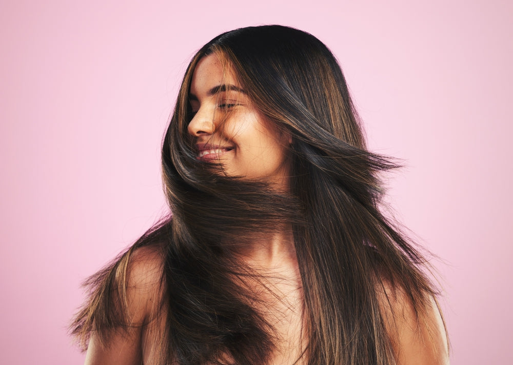 Healthy haircare wellness, beauty aesthetic and cosmetics, happy girl with glow and pink background.